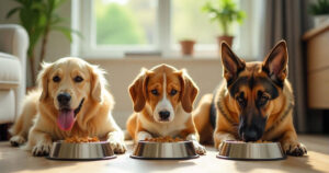 Perros comiendo alimentos saludables para mascotas en Patas Amigas